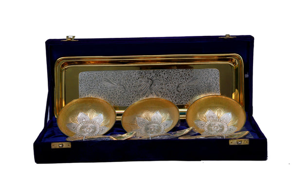 Pure Brass Bowl Set with Gold and Silver Plating (Set of 9 pieces)