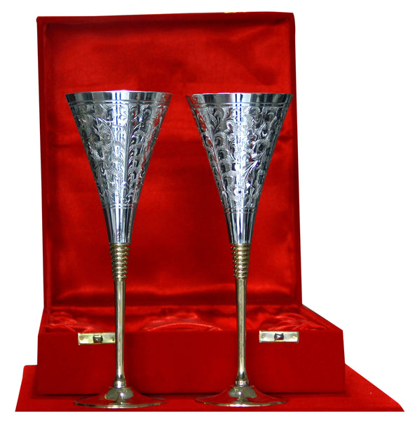 Engraved Pure Brass Silver and Gold Plated Cut Work Wine Goblet / Glass Set with Velvet Box Packing (Set of 2 pieces)