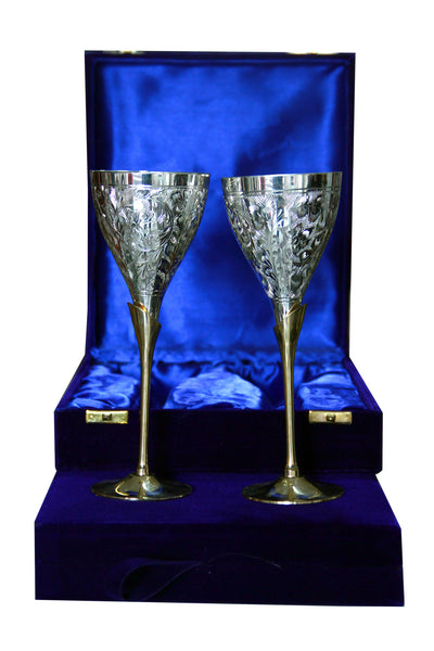 Pure Brass Engraved Wine Goblet / glasses with Gold and Silver Plating (set of 2 pieces)