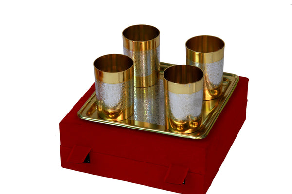 Pure Brass Tumbler / glasses Set with Gold and Silver Polish (Set of 5 pieces)