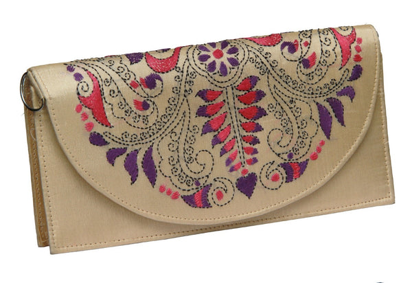 Kantha stitch hand-embroidered clutch