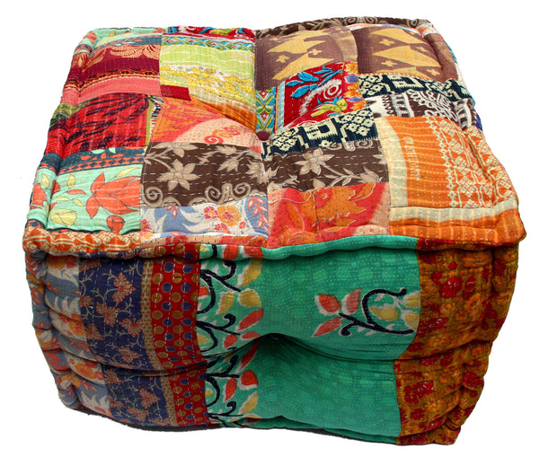Traditional Handmade Ottoman / Pouf with Proper filling Large Bean Bag Size (Orissa Ikat Print and Kantha Stitch work)