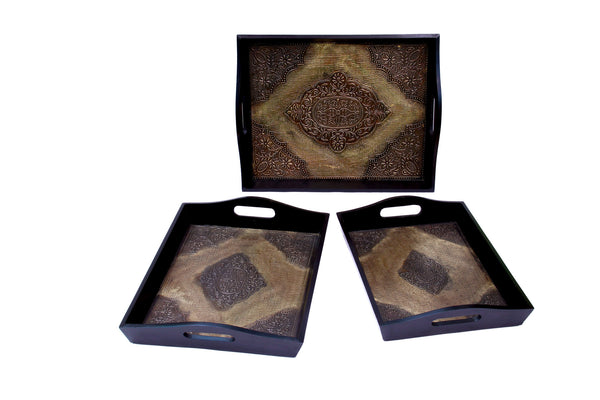 Wooden Serving Tray with Brass Base (set of 3)